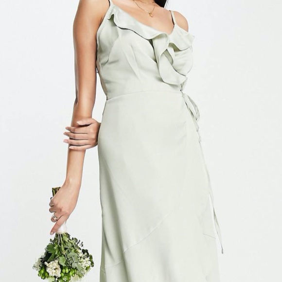 Bridesmaid/Wedding guest satin wrap dress in sage green - Picture 2 of 4